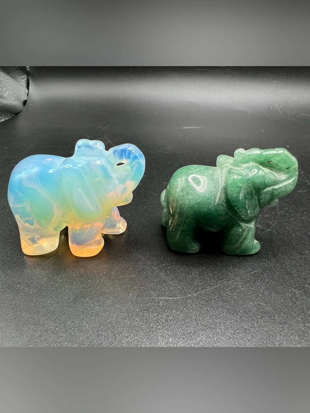 Lot of 2 Carved Stone Elephant Figurines Opalite & Green Aventurine Crystal 1.5”